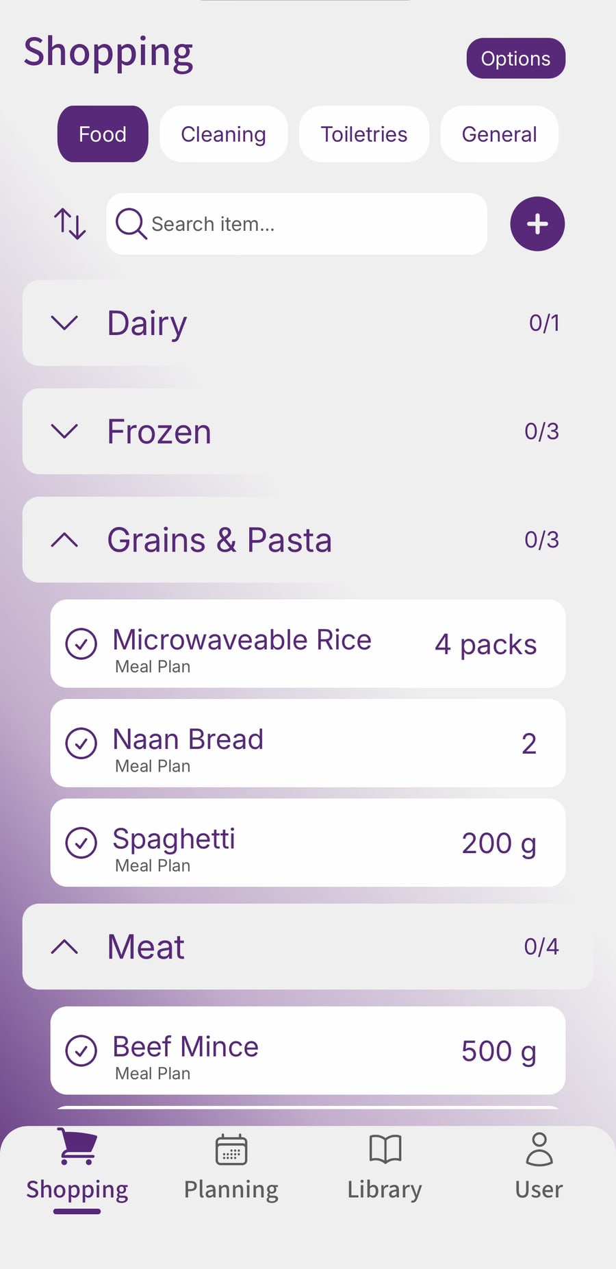 Fameally shopping list screen organised by category