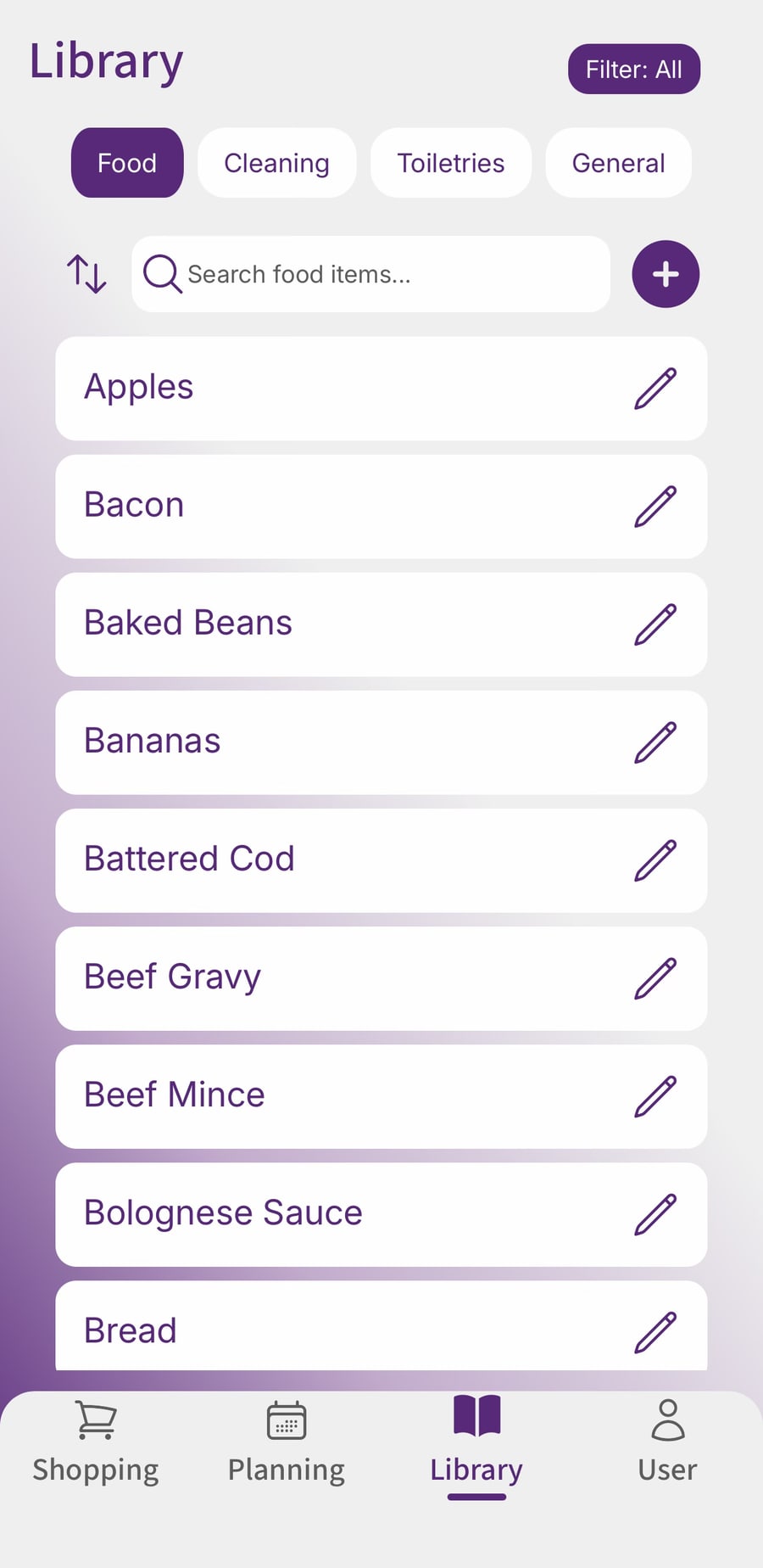 Fameally Library screen with reusable food items