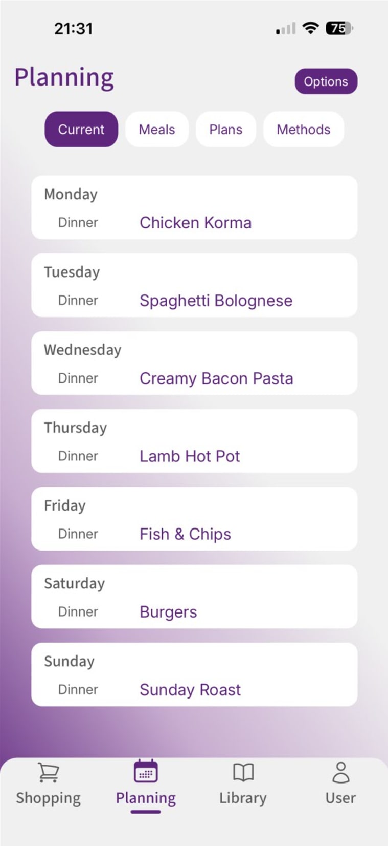 Fameally weekly meal planning screen