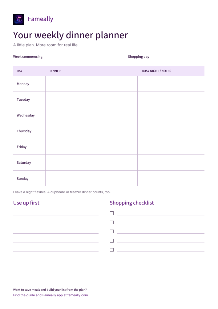 Preview of the A4 planner: Monday to Sunday dinner spaces, busy-night notes, use-up notes, and a shopping checklist.