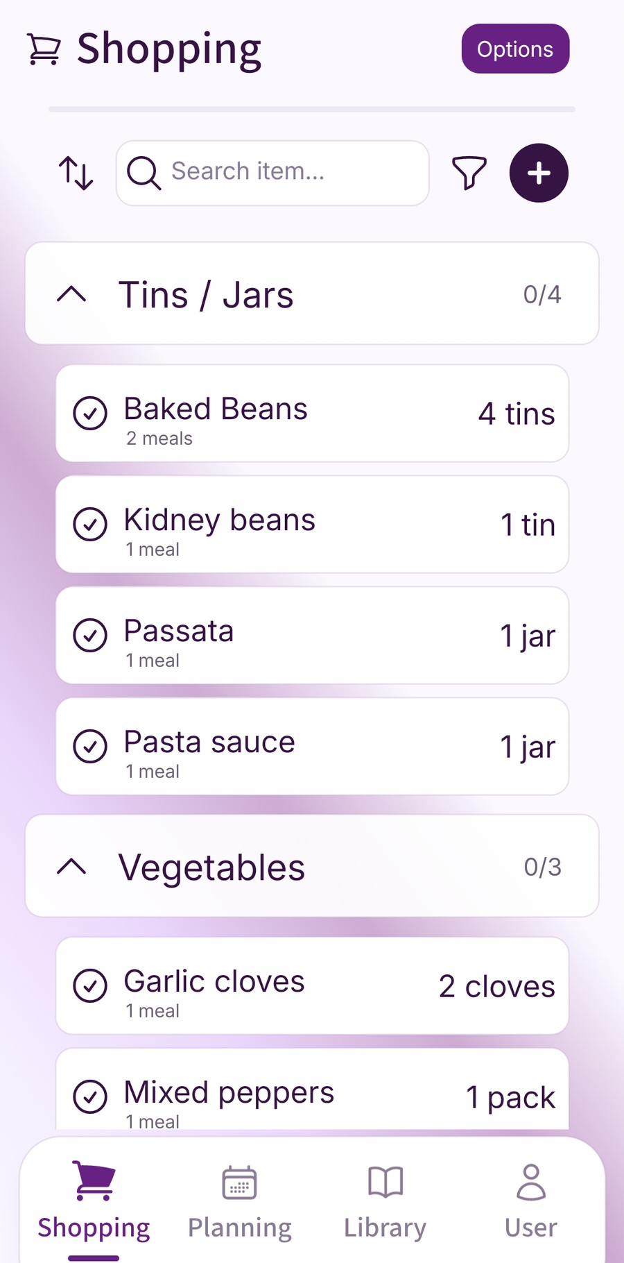 Fameally shopping list for a budget-friendly family week, with shared ingredients grouped by category