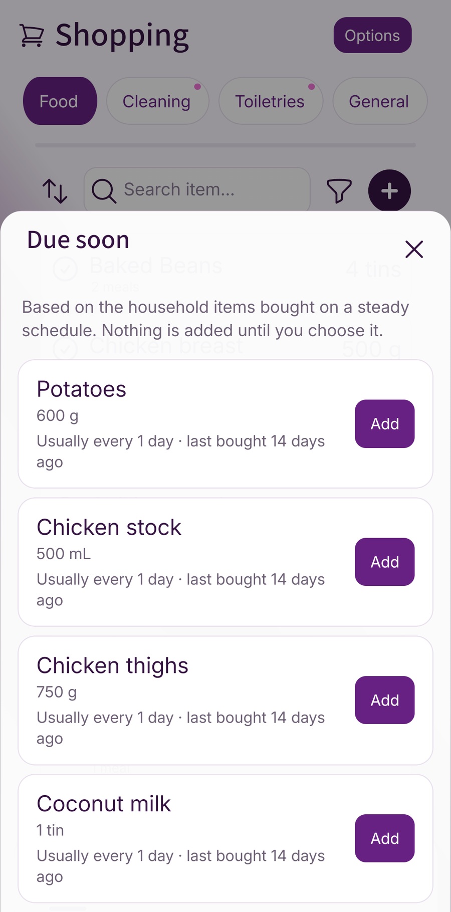 Fameally Due Soon suggestions showing purchase intervals, time since the last purchase and an Add button for each item