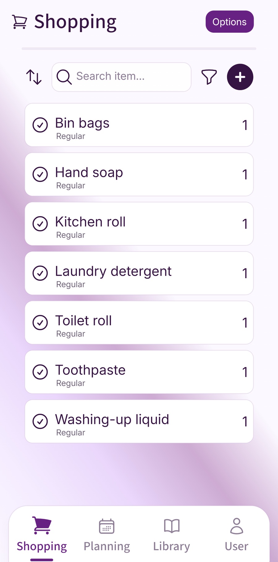 Fameally household shopping list with regular cleaning and toiletry essentials