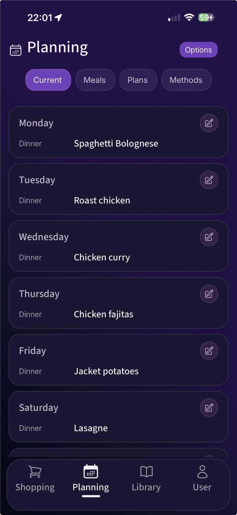 Fameally weekly meal planning screen
