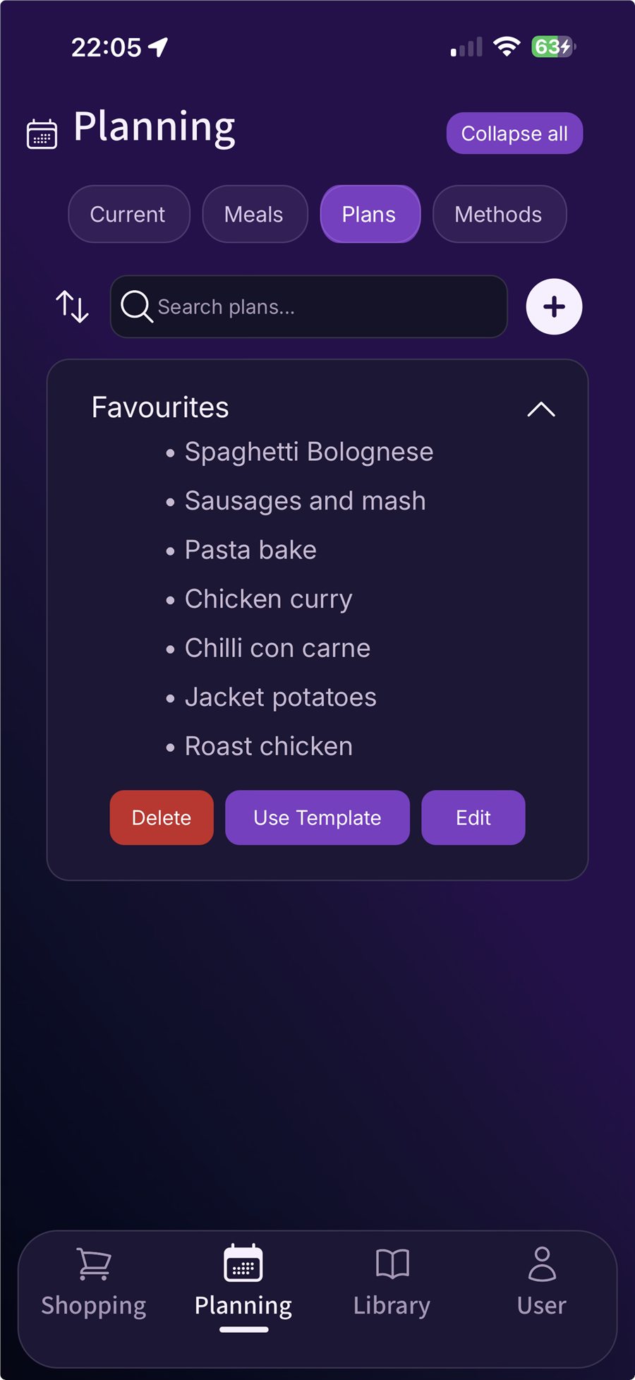 Fameally Plans screen with a saved weekly meal template