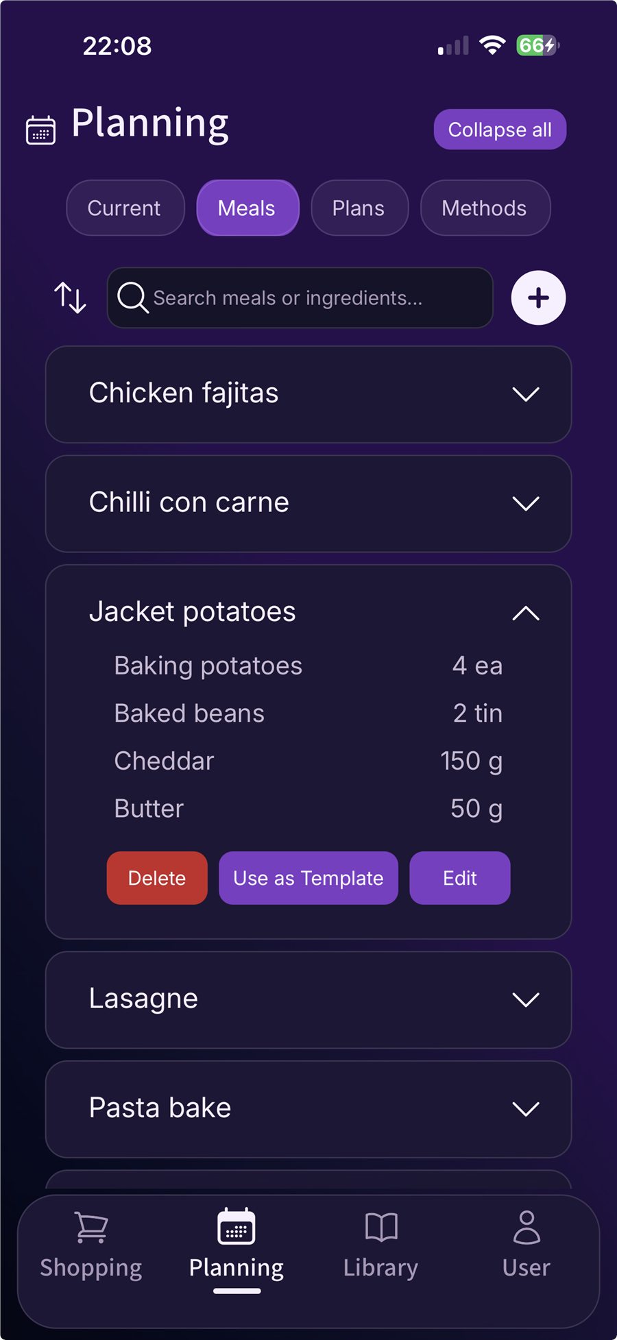 Fameally Meals screen showing saved meals and ingredients