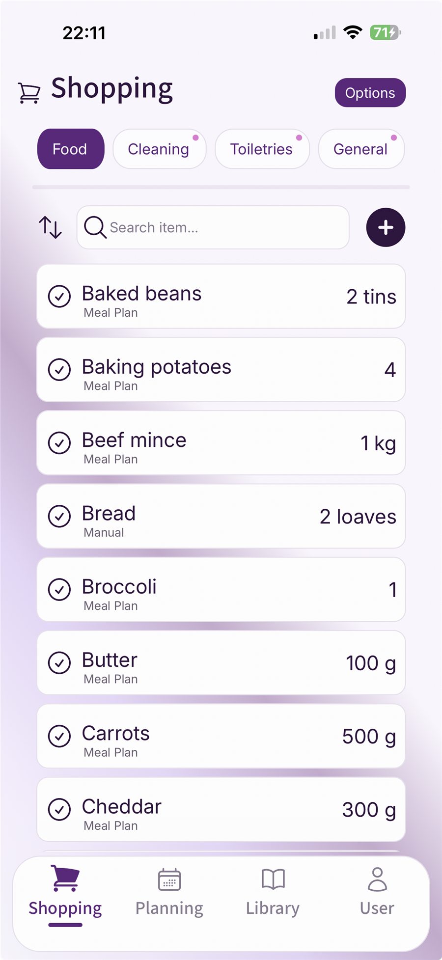 Fameally shopping list screen built from a meal plan